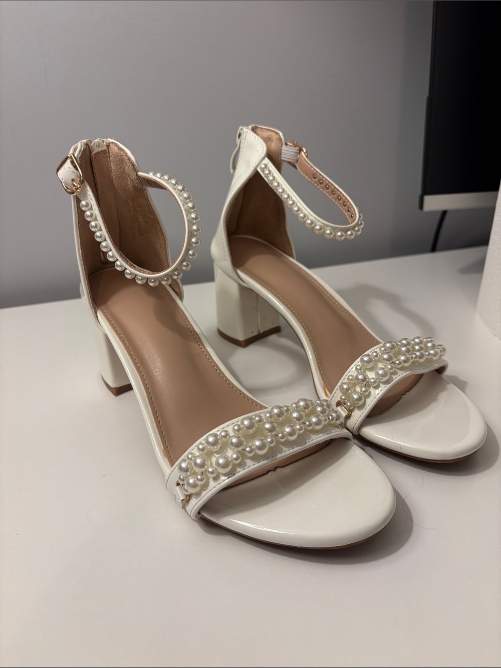 Amazon Bridal Heels in White with Pearl-Detail, Ankle Strap, 2 Inch Block Heel